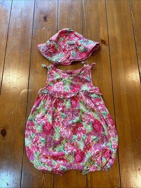 NWOT Aprill Cornell Pink Floral Girls Sleeveless Romper & Hat Set 6-12M